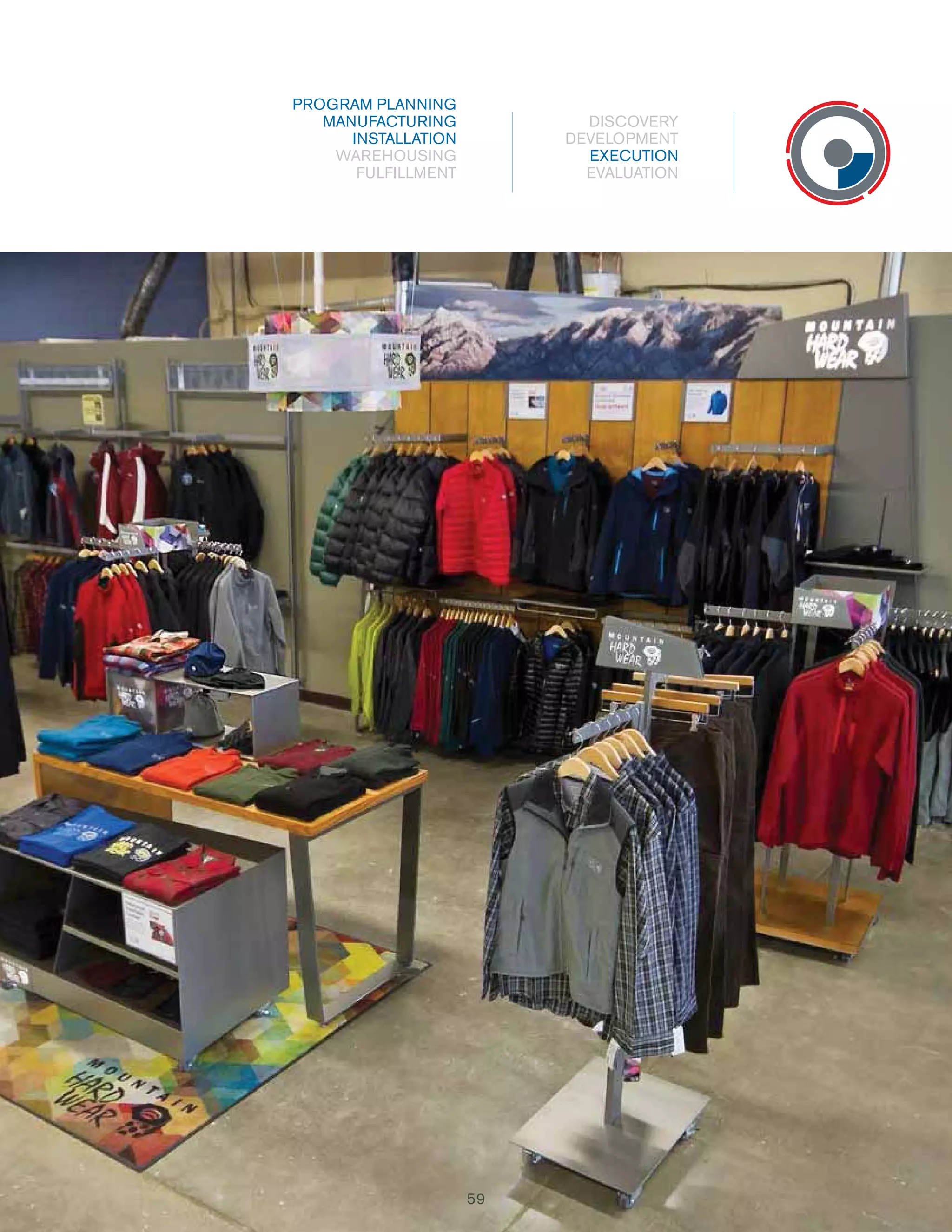 PROGRAM PLANNING
MANUFACTURING
INSTALLATION
WAREHOUSING
FULFILLMENT

DISCOVERY
DEVELOPMENT
EXECUTION
EVALUATION

59
9

 