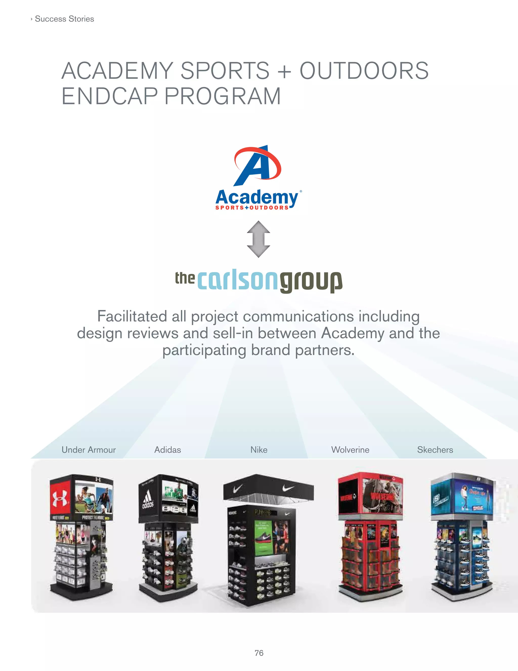 › Success Stories

ACADEMY SPORTS + OUTDOORS
ENDCAP PROGRAM

Facilitated all project communications including
design reviews and sell-in between Academy and the
participating brand partners.

Under Armour

Adidas

Nike

76

Wolverine

Skechers

 