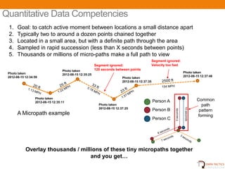 Quantitative Data Competencies
 1.    Goal: to catch active moment between locations a small distance apart
 2.    Typically two to around a dozen points chained together
 3.    Located in a small area, but with a definite path through the area
 4.    Sampled in rapid succession (less than X seconds between points)
 5.    Thousands or millions of micro-paths make a full path to view
                                                                                                Segment ignored:
                                                         Segment ignored:                       Velocity too fast
                                   Photo taken           120 seconds between points
 Photo taken                                                                                                              Photo taken
                                   2012-08-15 12:35:25
 2012-08-15 12:34:59                                                                                                      2012-08-15 12:37:46
                                                                          Photo taken
                                                                          2012-08-15 12:37:35




                  Photo taken
                  2012-08-15 12:35:11                                                           Person A                               Common
                                                           Photo taken                                                                   path




                                                                                                                          10 seconds
                                                           2012-08-15 12:37:25
                                                                                                Person B




                                                                                                              3 seconds
                                                                                                                                        pattern
       A Micropath example                                                                                                             forming
                                                                                                Person C




            Overlay thousands / millions of these tiny micropaths together
                                    and you get…
                                                           UNCLASSIFIED                                                                  15
 