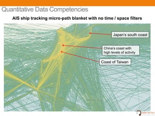 Quantitative Data Competencies
   AIS ship tracking micro-path blanket with no time / space filters


                                                      Japan‟s south coast


                                                China‟s coast with
                                                high levels of activity

                                               Coast of Taiwan




                              UNCLASSIFIED                                18
 