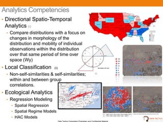 Analytics Competencies
• Directional Spatio-Temporal
 Analytics (i)                                                                                      (i)


  • Compare distributions with a focus on
    changes in morphology of the
    distribution and mobility of individual
    observations within the distribution
    over that same period of time over
    space (Wy)
• Local Classification (ii)
   • Non-self-similarities & self-similarities;                             (i)

     within and between group
     correlations.
• Ecological Analytics                                                                (ii)


  • Regression Modeling
     • Spatial Regression
     • Spatial Regime Models
     • HAC Models                                                                               5
                               Data Tactics Corporation Proprietary and Confidential Material
 