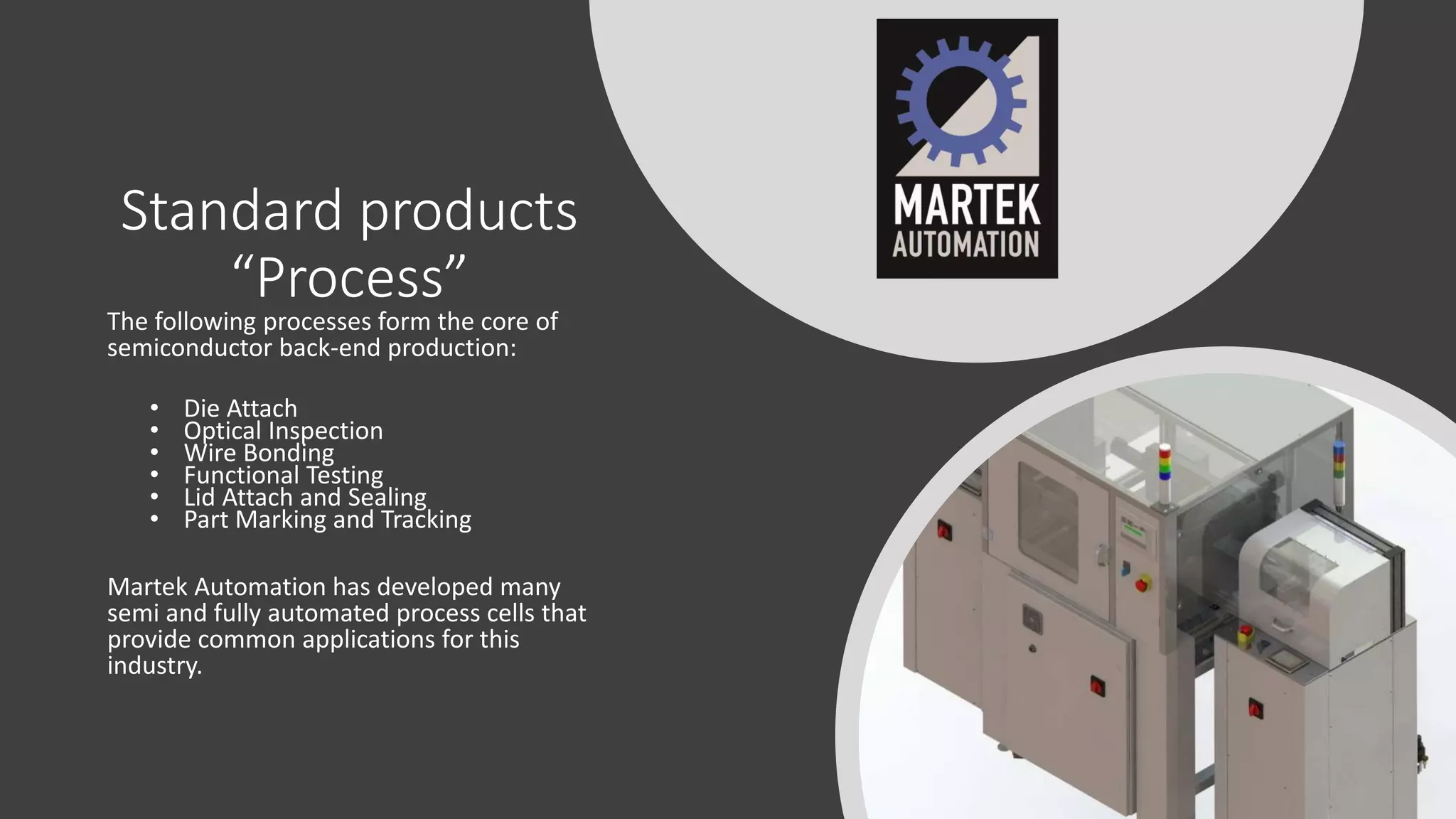 Standard products
“Process”
The following processes form the core of
semiconductor back-end production:
• Die Attach
• Optical Inspection
• Wire Bonding
• Functional Testing
• Lid Attach and Sealing
• Part Marking and Tracking
Martek Automation has developed many
semi and fully automated process cells that
provide common applications for this
industry.
 