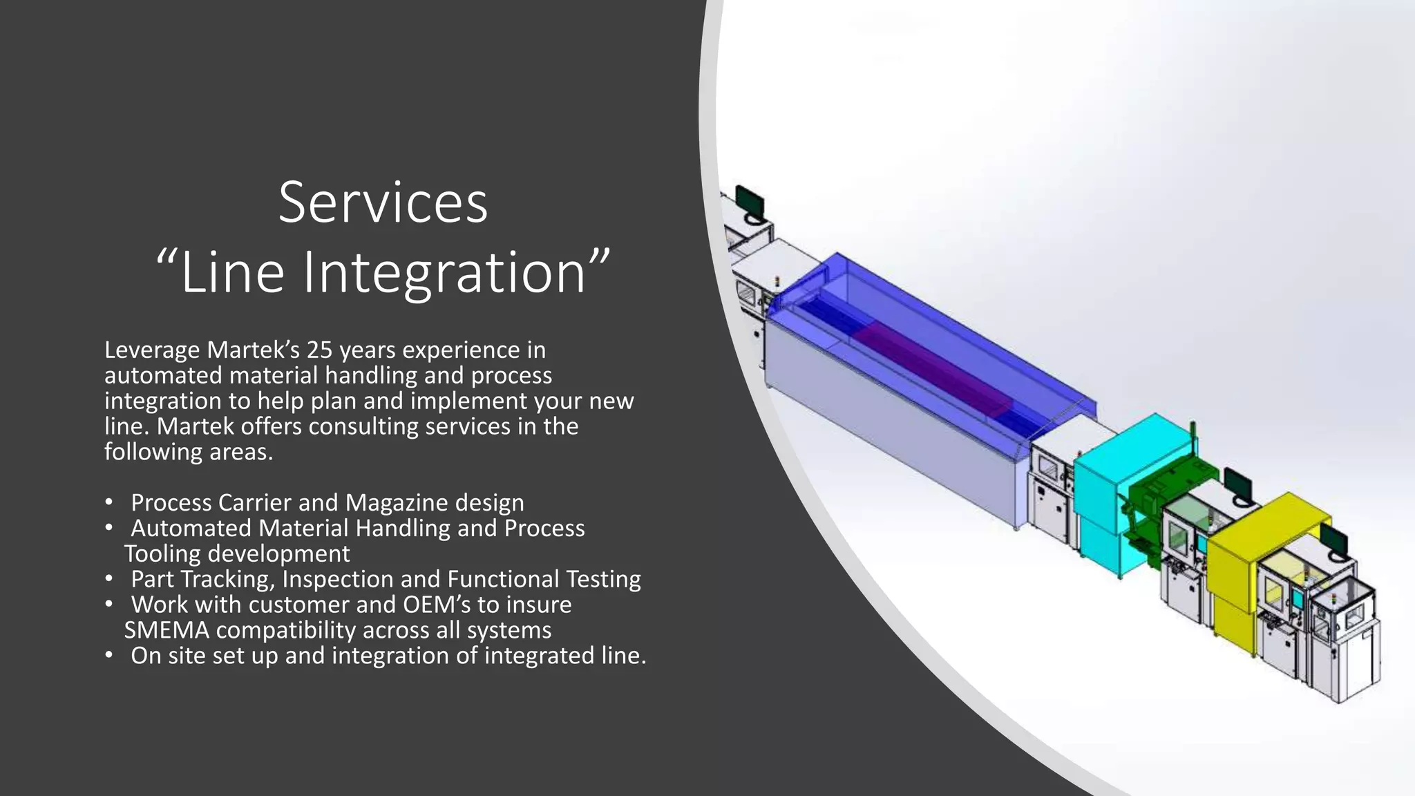 Services
“Line Integration”
Leverage Martek’s 25 years experience in
automated material handling and process
integration to help plan and implement your new
line. Martek offers consulting services in the
following areas.
• Process Carrier and Magazine design
• Automated Material Handling and Process
Tooling development
• Part Tracking, Inspection and Functional Testing
• Work with customer and OEM’s to insure
SMEMA compatibility across all systems
• On site set up and integration of integrated line.
 
