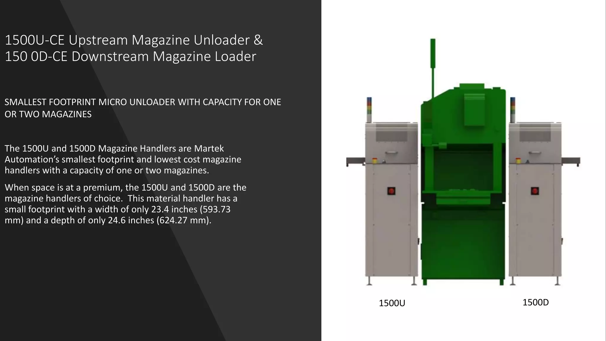 1500U-CE Upstream Magazine Unloader &
150 0D-CE Downstream Magazine Loader
SMALLEST FOOTPRINT MICRO UNLOADER WITH CAPACITY FOR ONE
OR TWO MAGAZINES
1500U 1500D
The 1500U and 1500D Magazine Handlers are Martek
Automation’s smallest footprint and lowest cost magazine
handlers with a capacity of one or two magazines.
When space is at a premium, the 1500U and 1500D are the
magazine handlers of choice. This material handler has a
small footprint with a width of only 23.4 inches (593.73
mm) and a depth of only 24.6 inches (624.27 mm).
 