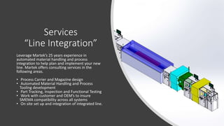 Services
“Line Integration”
Leverage Martek’s 25 years experience in
automated material handling and process
integration to help plan and implement your new
line. Martek offers consulting services in the
following areas.
• Process Carrier and Magazine design
• Automated Material Handling and Process
Tooling development
• Part Tracking, Inspection and Functional Testing
• Work with customer and OEM’s to insure
SMEMA compatibility across all systems
• On site set up and integration of integrated line.
 