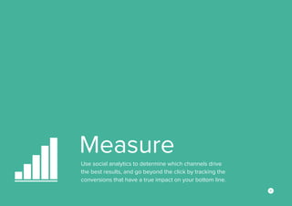 Measure
6
Use social analytics to determine which channels drive
the best results, and go beyond the click by tracking the
conversions that have a true impact on your bottom line.
 