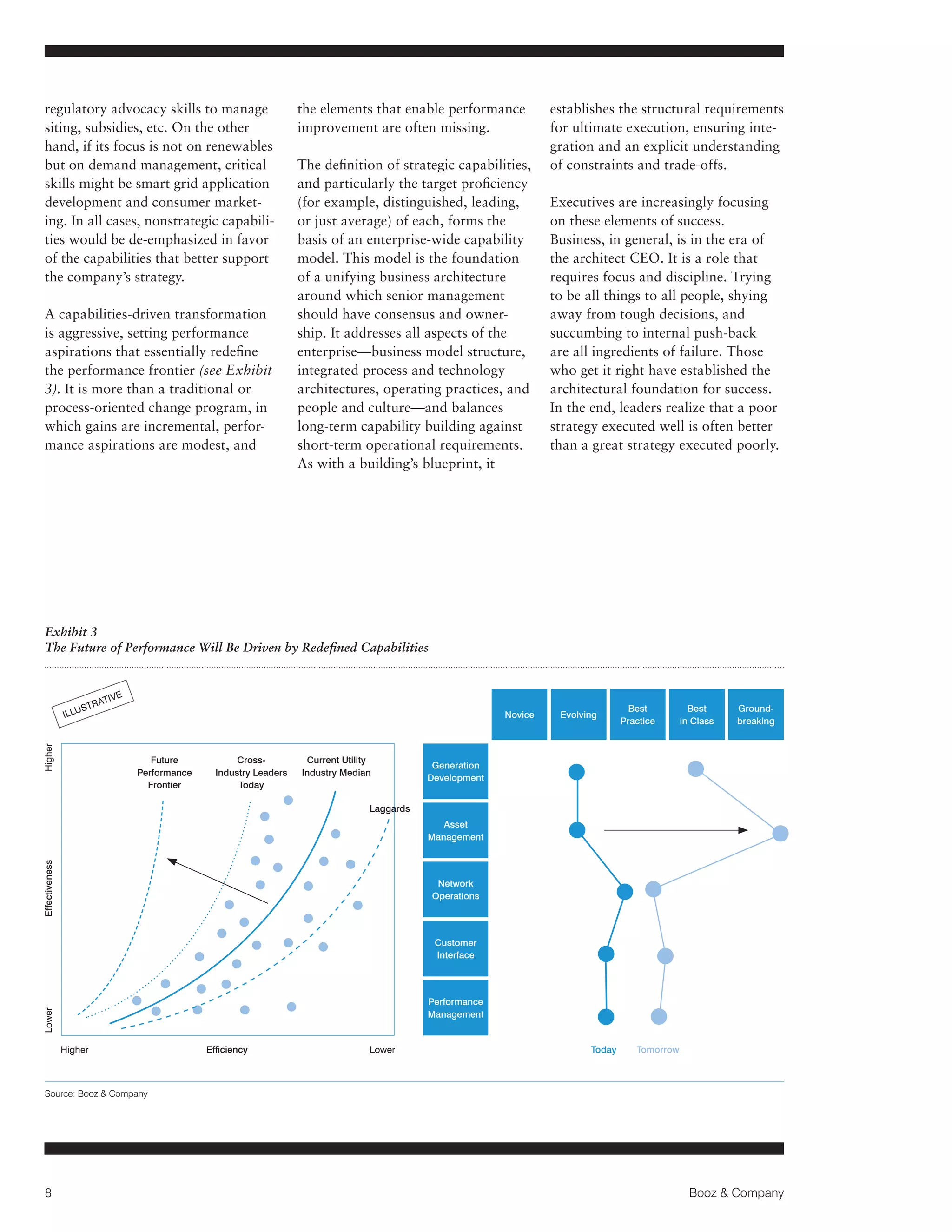 regulatory advocacy skills to manage
siting, subsidies, etc. On the other
hand, if its focus is not on renewables
but on demand management, critical
skills might be smart grid application
development and consumer marketing. In all cases, nonstrategic capabilities would be de-emphasized in favor
of the capabilities that better support
the company’s strategy.
A capabilities-driven transformation
is aggressive, setting performance
aspirations that essentially redefine
the performance frontier (see Exhibit
3). It is more than a traditional or
process-oriented change program, in
which gains are incremental, performance aspirations are modest, and

the elements that enable performance
improvement are often missing.
The definition of strategic capabilities,
and particularly the target proficiency
(for example, distinguished, leading,
or just average) of each, forms the
basis of an enterprise-wide capability
model. This model is the foundation
of a unifying business architecture
around which senior management
should have consensus and ownership. It addresses all aspects of the
enterprise—business model structure,
integrated process and technology
architectures, operating practices, and
people and culture—and balances
long-term capability building against
short-term operational requirements.
As with a building’s blueprint, it

establishes the structural requirements
for ultimate execution, ensuring integration and an explicit understanding
of constraints and trade-offs.
Executives are increasingly focusing
on these elements of success.
Business, in general, is in the era of
the architect CEO. It is a role that
requires focus and discipline. Trying
to be all things to all people, shying
away from tough decisions, and
succumbing to internal push-back
are all ingredients of failure. Those
who get it right have established the
architectural foundation for success.
In the end, leaders realize that a poor
strategy executed well is often better
than a great strategy executed poorly.

Exhibit 3
The Future of Performance Will Be Driven by Redefined Capabilities

STR

Higher

ILLU

ATIV

E
Novice

Future
Performance
Frontier

CrossIndustry Leaders
Today

Current Utility
Industry Median

Evolving

Best
Practice

Best
in Class

Groundbreaking

Generation
Development

Laggards

Effectiveness	

Asset
Management

Network
Operations

Customer
Interface

Lower	

Performance
Management

Higher	

Efficiency	

Lower

Today	

Tomorrow

Source: Booz  Company

8

Booz  Company

 