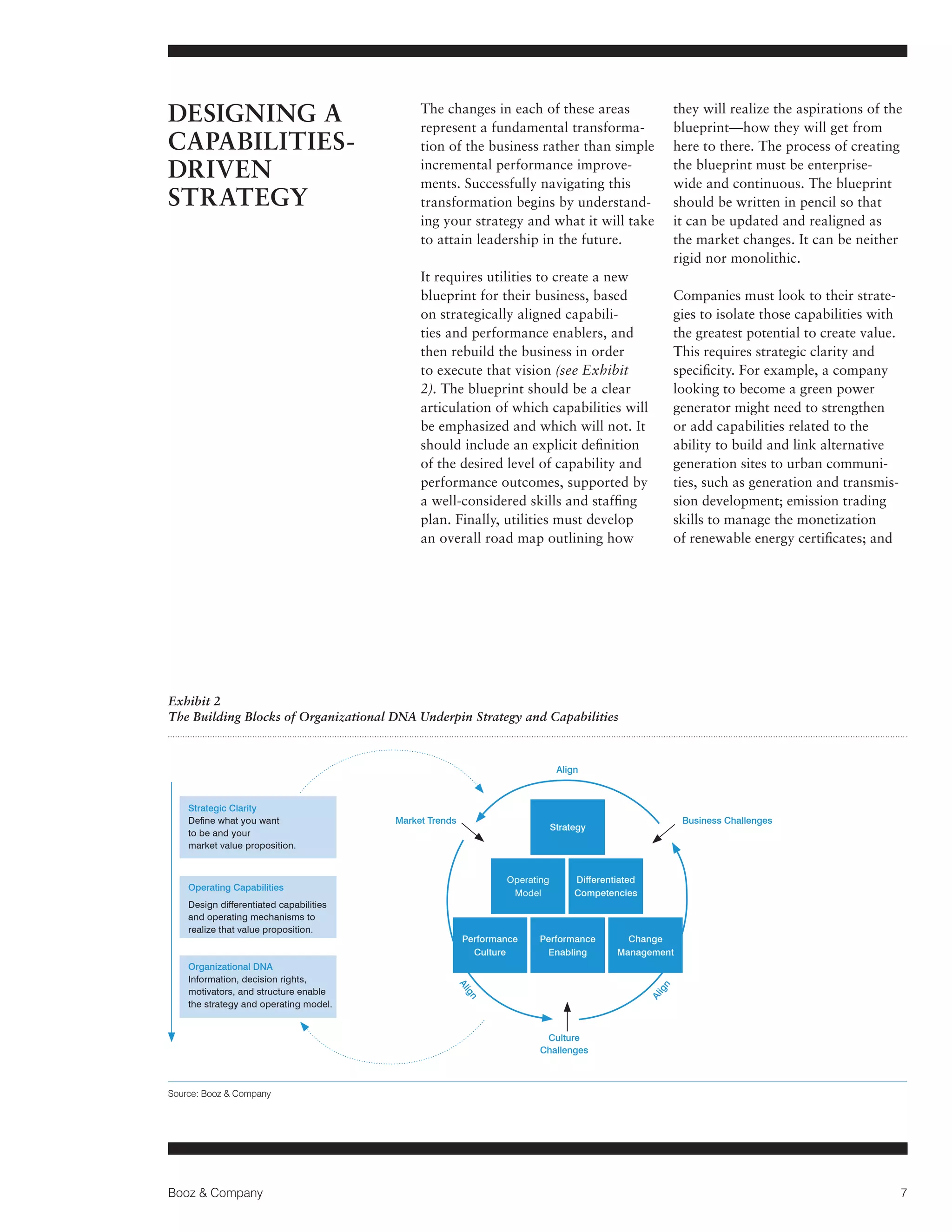 DESIGNING A
CAPABILITIESDRIVEN
STRATEGY

they will realize the aspirations of the
blueprint—how they will get from
here to there. The process of creating
the blueprint must be enterprisewide and continuous. The blueprint
should be written in pencil so that
it can be updated and realigned as
the market changes. It can be neither
rigid nor monolithic.

The changes in each of these areas
represent a fundamental transformation of the business rather than simple
incremental performance improvements. Successfully navigating this
transformation begins by understanding your strategy and what it will take
to attain leadership in the future.
It requires utilities to create a new
blueprint for their business, based
on strategically aligned capabilities and performance enablers, and
then rebuild the business in order
to execute that vision (see Exhibit
2). The blueprint should be a clear
articulation of which capabilities will
be emphasized and which will not. It
should include an explicit definition
of the desired level of capability and
performance outcomes, supported by
a well-considered skills and staffing
plan. Finally, utilities must develop
an overall road map outlining how

Companies must look to their strategies to isolate those capabilities with
the greatest potential to create value.
This requires strategic clarity and
specificity. For example, a company
looking to become a green power
generator might need to strengthen
or add capabilities related to the
ability to build and link alternative
generation sites to urban communities, such as generation and transmission development; emission trading
skills to manage the monetization
of renewable energy certificates; and

Exhibit 2
The Building Blocks of Organizational DNA Underpin Strategy and Capabilities

Align

Market Trends

Operating
Model

Operating Capabilities

Performance
Enabling

Change
Management

n

Al
ig
n

Organizational DNA
Information, decision rights,
motivators, and structure enable
the strategy and operating model.

Performance
Culture

Differentiated
Competencies

ig

Design differentiated capabilities
and operating mechanisms to
realize that value proposition.

Business Challenges

Strategy

Al

Strategic Clarity
Define what you want
to be and your
market value proposition.

Culture
Challenges

Source: Booz  Company

Booz  Company

7

 