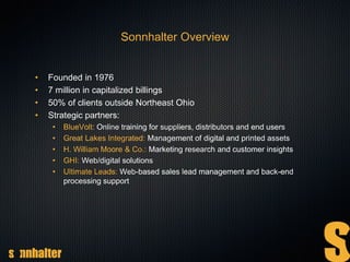 Sonnhalter Overview
• Founded in 1976
• 7 million in capitalized billings
• 50% of clients outside Northeast Ohio
• Strategic partners:
• BlueVolt: Online training for suppliers, distributors and end users
• Great Lakes Integrated: Management of digital and printed assets
• H. William Moore & Co.: Marketing research and customer insights
• GHI: Web/digital solutions
• Ultimate Leads: Web-based sales lead management and back-end
processing support
 