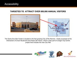 Accessibility

        TARGETED TO ATTRACT OVER 600,000 ANNUAL VISITORS




The Santa Ana Star Center is located in the fast growing City of Rio Rancho. Easily accessed at the
  intersection of Unser Boulevard and Paseo del Volcon, which is also part of a larger City Centre
                              project that includes the new City Hall.
 