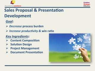 Creative.
                                                     Strategic.
                                                     Effective.


Sales	
  Proposal	
  &	
  Presenta-on	
  
Development	
  
Goal:	
  	
  
  Decrease	
  process	
  burden	
  
  Increase	
  produc'vity	
  &	
  win	
  ra-o	
  
	
  
Key	
  Ingredients:	
  	
  
  Content	
  Composi-on	
  
  Solu-on	
  Design	
  
  Project	
  Management	
  
  Document	
  Presenta-on	
  	
  
 