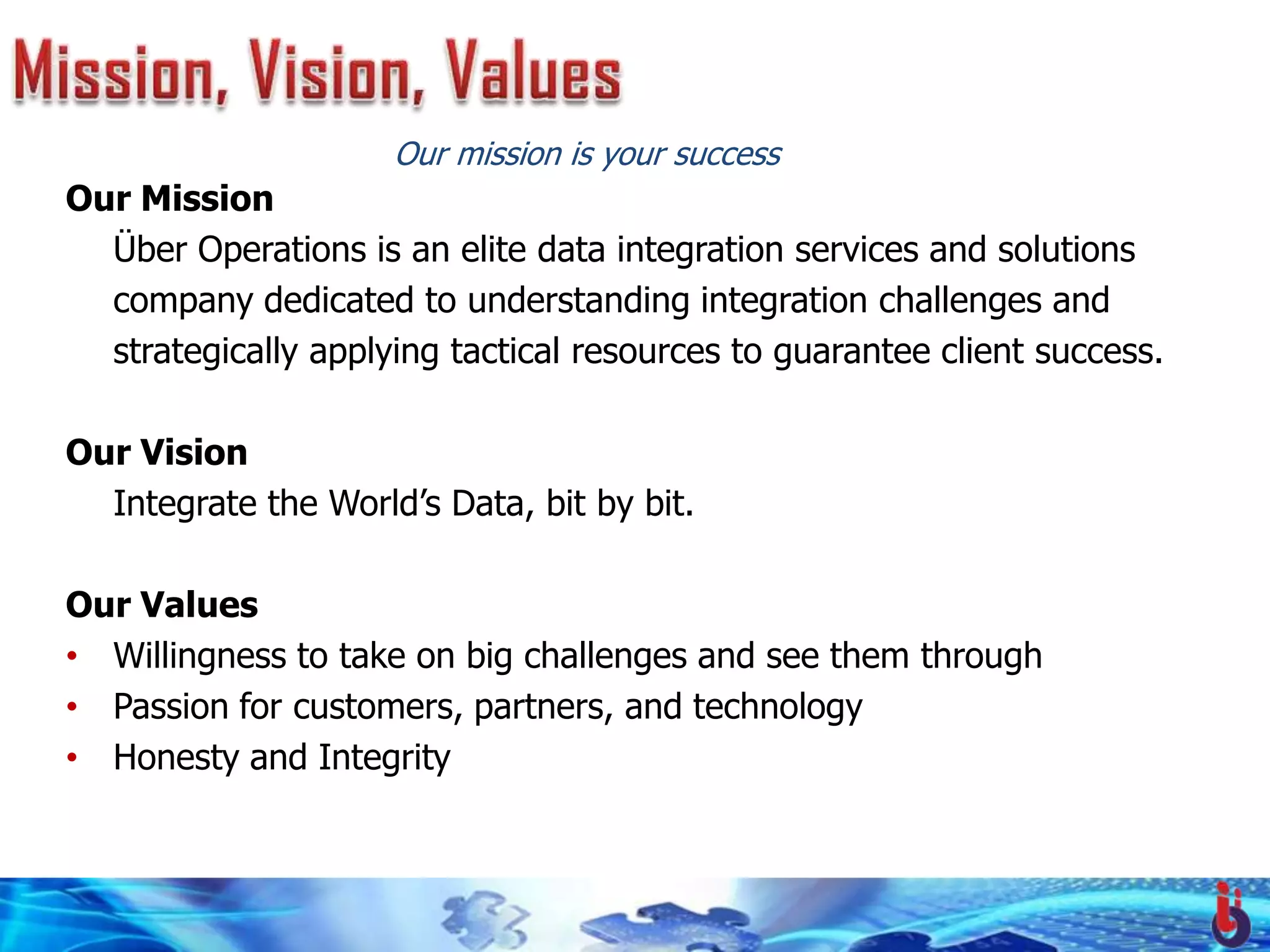 Our mission is your success
Our Mission
  Über Operations is an elite data integration services and solutions
  company dedicated to understanding integration challenges and
  strategically applying tactical resources to guarantee client success.

Our Vision
  Integrate the World’s Data, bit by bit.

Our Values
• Willingness to take on big challenges and see them through
• Passion for customers, partners, and technology
• Honesty and Integrity
 