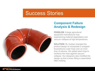 PROBLEM: A large agricultural
equipment manufacturer was
experiencing material degradation and
vacuum collapse at high temperatures.
SOLUTION: RL Hudson changed the
product design to incorporate a wrapped
fluorosilicone outer hose over an inner
liner of silicone. We added steel rings to
reinforce the hose against vacuum
collapse. Our designers also modified the
design so that a brass fitting is assembled
after molding.
Component Failure
Analysis & Redesign
Success Stories
 