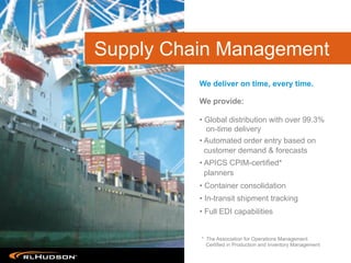 We provide:
• Global distribution with over 99.3%
on-time delivery
• Automated order entry based on
customer demand & forecasts
• APICS CPIM-certified*
planners
• Container consolidation
• In-transit shipment tracking
• Full EDI capabilities
We deliver on time, every time.
Supply Chain Management
* The Association for Operations Management
Certified in Production and Inventory Management
 