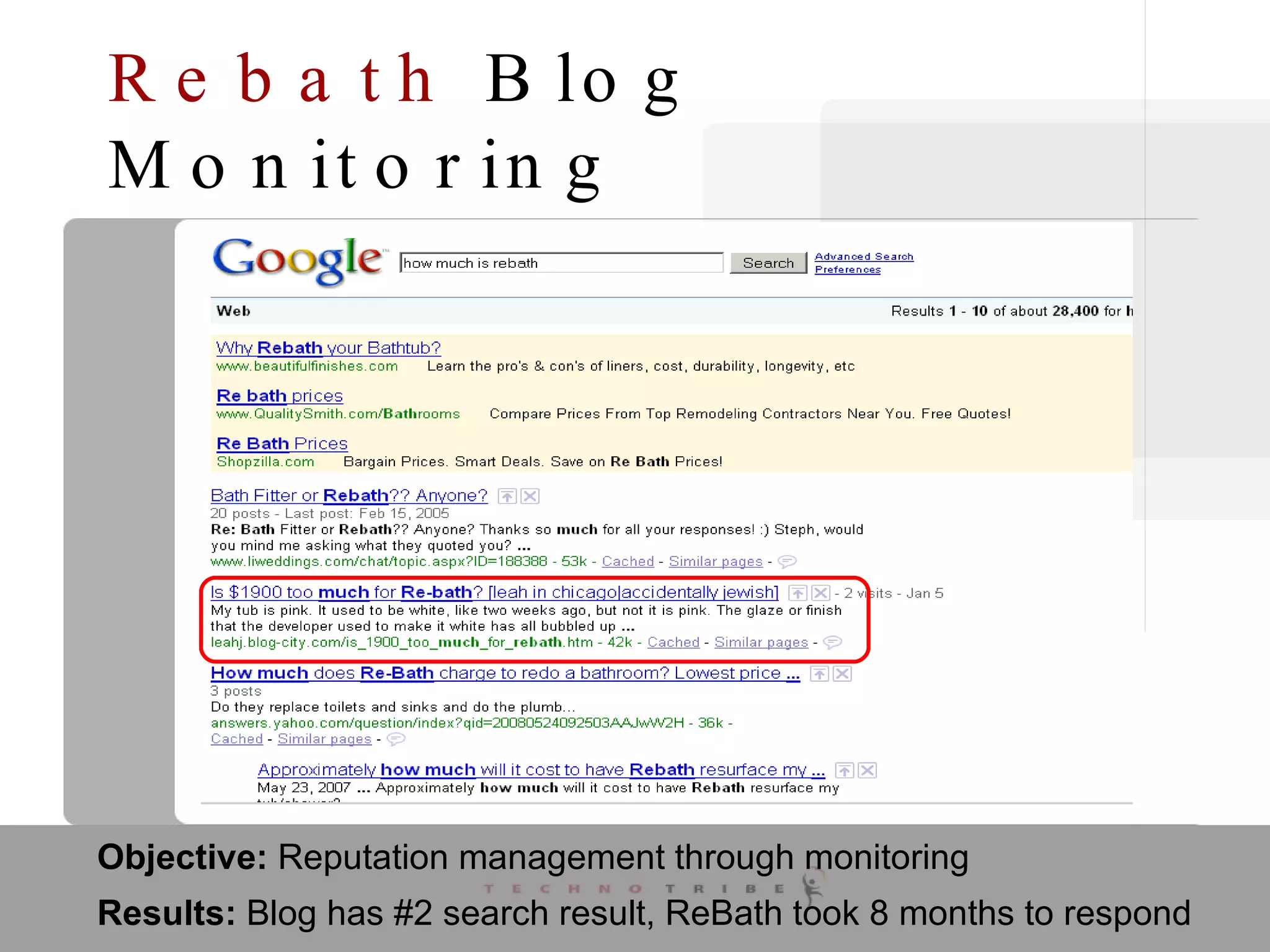 Rebath  Blog Monitoring Objective:  Reputation management through monitoring Results:  Blog has #2 search result, ReBath took 8 months to respond 
