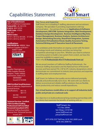 Capabilities Statement
Year of Establishment:
2007, a California S Corporation
Federal ID#: 26-1651376
D & B #: 809110724
CAGE Code: 4YN93
SIC: 7631
NAICS Codes:
561311, 561312, 561320, 511210,
541511, 541512, 541519
Certifications:
WBE/WOSB 8m WBENC- West
Platinum Supplier 6/20/2011
#2005113699
Issued: 9/30/2009

WBE:
Supplier Clearinghouse
Utility Supplier Diversity
Program, Public Utilities
Commission, State of CA
	
#8HN00087
	
Issued: 9/19/2008

	

WBE/Certified Small Business:
State of California, Department of
General Services
Classifications: 801116
801117
	
#61705
	
Issued: 7/30/2009
Technical Services Certified
(TSP)/Certified Staffing
Professional (CSP)/Certified
Personnel Consultant (CPC)
American Staffing Association
National Assn. Personnel Services
	
Issued: 2011

Our Focus and Expertise

Staff Smart, Inc is a leading IT staffing, placement and recruitment
company. We specialize in providing organizations with top
technical talent . Our primary focus is on Applications & Software
Development, ERP/CRM Systems Integration, Web Development,
Database Design/Development, Business Intelligence/Big Data,
Project Management, Business Analysis, Systems Architecture/
Design, Networking/Security, SharePoint Integration, Systems
Automation/Virtualization/Cloud, Quality Assurance Testing,
Technical Writing and IT Executive Search & Placement.
Our candidates pride themselves on staying current with the latest
technology trends and initiatives and they can bring that
competitive advantage to your firm. Whether you need to enhance
an existing system or build a new system from scratch, we have the
expertise available to support you!
That’s why IT Professionals Hire IT Professionals from us!
We are proud members of California Staffing Professionals, the
American Staffing Association and the National Assn of Personnel
Services and have earned TSC, CSP & CPC industry designations which
demonstrate our commitment to industry best practices and expertise
in staffing labor and employment law.
Staff Smart, Inc believes that quality service delivered promptly,
ethically and professionally earns trust. We work with our clients to
deliver economical and reliable staffing solutions that are flexible,
boost productivity and reduce overall expenditures.
Our virtual business model allow us to support all industries both
public and private on a national scale.
Our objective is to build professional long-standing partnerships with
our clients that maximize the benefits of working with us.

Staff Smart, Inc.

P. O. Box 28446
San Diego, CA 92198
www.StaffSmart.net
jobs@StaffSmart.net
(877) 978-2337 Toll Free, (619) 342-2600 Local
(619) 342-2608 Fax

 