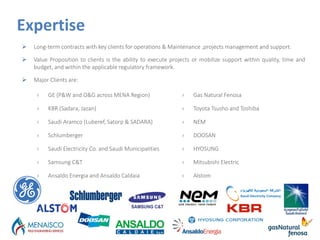 Outages Services
Expertise
 Long-term contracts with key clients for operations & Maintenance ,projects management and support.
 Value Proposition to clients is the ability to execute projects or mobilize support within quality, time and
budget, and within the applicable regulatory framework.
 Major Clients are:
› GE (P&W and O&G across MENA Region) › Gas Natural Fenosa
› KBR (Sadara, Jazan) › Toyota Tsusho and Toshiba
› Saudi Aramco (Luberef, Satorp & SADARA) › NEM
› Schlumberger › DOOSAN
› Saudi Electricity Co. and Saudi Municipalities › HYOSUNG
› Samsung C&T › Mitsubishi Electric
› Ansaldo Energia and Ansaldo Caldaia › Alstom
 