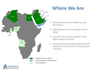 Algeria
Iraq
KSA
Nigeria
Angola
Egypt
Bahrain
Kuwait
Ghana
• Operation Centers / Offices
• Current expansions / Joint Ventures
• Future expansion
UAE
 Strong presence across Middle East and
North Africa
 Solid foothold in the core market of Saudi
Arabia
 Successful track record of growth in Iraq,
Algeria, Egypt and Yemen.
 Current expansion through establishment of
operations or joint ventures in Kuwait, Qatar
and Oman.
Where We Are
 