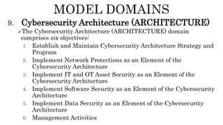 9. Cybersecurity Architecture (ARCHITECTURE)
The Cybersecurity Architecture (ARCHITECTURE) domain
comprises six objectives:
1. Establish and Maintain Cybersecurity Architecture Strategy and
Program
2. Implement Network Protections as an Element of the
Cybersecurity Architecture
3. Implement IT and OT Asset Security as an Element of the
Cybersecurity Architecture
4. Implement Software Security as an Element of the Cybersecurity
Architecture
5. Implement Data Security as an Element of the Cybersecurity
Architecture
6. Management Activities
 