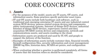 2. Assets
For the purposes of the model, assets are IT assets, OT assets, and
information assets. Some practices specify particular asset types.
IT and OT assets include both hardware and software, such as
traditional and emerging enterprise IT assets and any industrial control
system (ICS) devices, process control system devices and components,
safety instrumented systems, Internet of things (IoT) devices, industrial
Internet of things (IIoT) devices, supervisory control and data
acquisition (SCADA) system devices and components, network and
communications assets, and assets residing in the cloud.
Information assets are produced and used by IT, OT, and people to
support the delivery of the function.
Examples of information assets include customer data, financial records,
firewall configuration files, security information and event management
(SIEM) log files, historian data, SCADA set points, and configuration
files.
When evaluating whether a practice is performed completely, all forms
of assets that the function relies on should be considered.
 