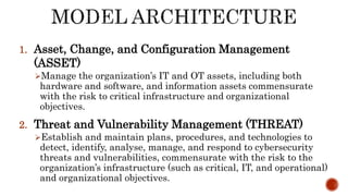 1. Asset, Change, and Configuration Management
(ASSET)
Manage the organization’s IT and OT assets, including both
hardware and software, and information assets commensurate
with the risk to critical infrastructure and organizational
objectives.
2. Threat and Vulnerability Management (THREAT)
Establish and maintain plans, procedures, and technologies to
detect, identify, analyse, manage, and respond to cybersecurity
threats and vulnerabilities, commensurate with the risk to the
organization’s infrastructure (such as critical, IT, and operational)
and organizational objectives.
 