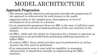 Approach Progression
The domain-specific objectives and practices describe the progression of
the approach to cybersecurity for each domain in the model.
Approach refers to the completeness, thoroughness, or level of
development of an activity in a domain.
As an organization progresses from one MIL to the next, it will have more
complete or more advanced implementations of the core activities in the
domain.
At MIL1, while only the initial set of practices for a domain is expected, an
organization is not precluded from performing additional practices at
higher MILs.
To achieve MIL1, these initial activities may be performed in an ad hoc
manner, but they must be performed.
If an organization were to start with no capability in managing
cybersecurity, it should focus initially on implementing the MIL1
practices.
 