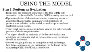 Step 1: Perform an Evaluation
Responses are recorded using one of the free C2M2 self-
evaluation tools available from the DOE9 or using another tool.
Upon completion of the self-evaluation, a scoring report is
generated that provides summary-level depictions of
performance relative to the model, as well as practice-level
implementation status.
This report provides a point-in-time view of the cybersecurity
posture of the in-scope function.
The report should be reviewed with the self- evaluation
workshop participants, and any discrepancies or questions
should be addressed.
More thorough guidance on using the model, selecting a
facilitator, and scoping the evaluation can be found in the
supporting C2M2 Self-Evaluation Guide.
 