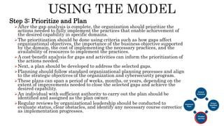 Step 3: Prioritize and Plan
After the gap analysis is complete, the organization should prioritize the
actions needed to fully implement the practices that enable achievement of
the desired capability in specific domains.
The prioritization should be done using criteria such as how gaps affect
organizational objectives, the importance of the business objective supported
by the domain, the cost of implementing the necessary practices, and the
availability of resources to implement the practices.
A cost-benefit analysis for gaps and activities can inform the prioritization of
the actions needed.
Next, a plan should be developed to address the selected gaps.
Planning should follow standard organizational planning processes and align
to the strategic objectives of the organization and cybersecurity program.
These plans can span a period of weeks, months, or years, depending on the
extent of improvements needed to close the selected gaps and achieve the
desired capability.
An individual with sufficient authority to carry out the plan should be
identified and assigned as the plan owner.
Regular reviews by organizational leadership should be conducted to
evaluate status, clear obstacles, and identify any necessary course corrections
as implementation progresses.
 