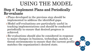 Step 4: Implement Plans and Periodically
Re-evaluate
Plans developed in the previous step should be
implemented to address the identified gaps.
Model self-evaluations are particularly useful in
tracking implementations and should be conducted
periodically to ensure that desired progress is
achieved.
Re-evaluations should also be considered in response
to major changes in business, technology, market, or
threat environments to ensure that the current profile
matches the organization’s desired state.
 