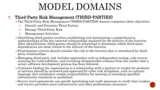 7. Third-Party Risk Management (THIRD-PARTIES)
The Third-Party Risk Management (THIRD-PARTIES) domain comprises three objectives:
1. Identify and Prioritize Third Parties
2. Manage Third-Party Risk
3. Management Activities
Identifying third parties involves establishing and maintaining a comprehensive
understanding of the key external relationships required for the delivery of the function.
After identification, third parties should be prioritized to determine which third-party
dependencies are most critical to the delivery of the function.
Prioritization criteria should consider the risk to the function that is introduced by third-
party relationships.
Managing third-party risk includes approaches such as independent testing, code review,
scanning for vulnerabilities, and reviewing demonstrable evidence from the vendor that a
secure software development process has been followed.
Contracts binding the organization to a relationship with a partner or vendor for products
or services should be reviewed and approved for cyber risk mitigation, such as contract
language that establishes vendor responsibilities for meeting or exceeding specified
cybersecurity standards or guidelines.
Service level agreements can specify monitoring and audit processes to verify that vendors
and service providers meet cybersecurity and other performance measures.
 