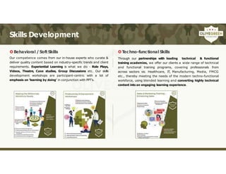 Skills Development
Behavioral / Soft Skills
Our competence comes from our in-house experts who curate &
deliver quality content based on industry-specific trends and client
requirements. Experiential Learning is what we do - Role Plays,
Videos, Theatre, Case studies, Group Discussions etc. Our skills
development workshops are participant-centric with a lot of
emphasis on ‘learning by doing’ in conjunction with PPT’s.
Techno-functional Skills
Through our partnerships with leading technical & functional
training academies, we offer our clients a wide range of technical
and functional training programs, covering professionals from
across sectors viz. Healthcare, IT, Manufacturing, Media, FMCG
etc., thereby meeting the needs of the modern techno-functional
workforce, using blended learning and converting highly technical
content into an engaging learning experience.
 