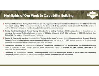 Highlights of Our Work In Capability Building
 Managerial Effectiveness deployed an Off-Roll to On-Roll program on Managerial and Sales Effectiveness for 400 Sales Personnel
from India’s leading NBFC, headquartered in Pune. We delivered 6, 3-day workshops month-on-month, Pan India, and have
another 800 Personnel to cover from the Sales, Collections and Operations Functions.
 Training Need Identification & Annual Training Calendar: For a leading Healthcare MNC headquartered in Bangalore, we are
managing their Annual Training Calendar consisting of 100-plus Behavioral & Soft Skills workshops for 3000 Clinical and Non-
Clinical Staff Pan India, in 11 hospitals across 7 locations.
 Outdoor & Experiential Learning: Conducted the ‘Campus to Corporate’ program for the Management and Graduate Engineer
Trainees’ of one of India’s fastest growing startups and Unicorns, over the course of FY 2020, with the objective of developing their
personal and professional skillsand equipping them to be Job-ready.
 Competency Modelling: We designed the Technical Competency Framework for the world’s largest Zinc-manufacturing firm,
based in Rajasthan, for their Contract Staff and Junior Management Cadre, for 100 plus key roles covering 13000 Staff in the
Production and Mining set-ups.
 Counselling: We implemented a Career Counselling Program for the 3rd and 4th-year students of one of India’s top Engineering
Colleges (IIT)with the objective of getting them ready for summer internships and final placements.
 