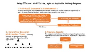 Being Effective: An Effective, Agile & Applicable Training Program
1.Hierarchical Execution
With Smaller Teams : Providing
each one an opportunity to create
expertise on the Capability and its
applicability
2.Continuous Evaluation & Enhancements :
Running the Program multiple times with different teams (view-points) gives us an opportunity to
work on comprehensive feedback and bringing the program to real maturity
3.Program Aspects:
The program must address the solutioning and implementation
aspects and hence ensures delivery of an Practical & Applicable
content
 