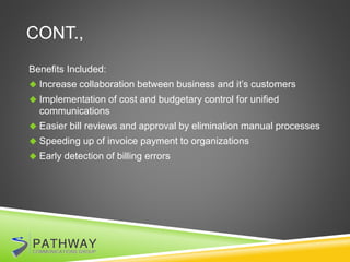CONT.,
Benefits Included:
 Increase collaboration between business and it’s customers
 Implementation of cost and budgetary control for unified
communications
 Easier bill reviews and approval by elimination manual processes
 Speeding up of invoice payment to organizations
 Early detection of billing errors
 