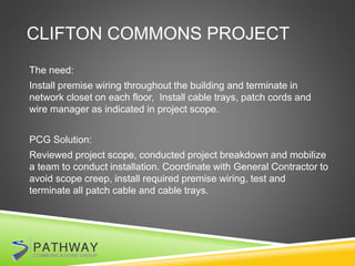 CLIFTON COMMONS PROJECT
The need:
Install premise wiring throughout the building and terminate in
network closet on each floor, Install cable trays, patch cords and
wire manager as indicated in project scope.
PCG Solution:
Reviewed project scope, conducted project breakdown and mobilize
a team to conduct installation. Coordinate with General Contractor to
avoid scope creep, install required premise wiring, test and
terminate all patch cable and cable trays.
 