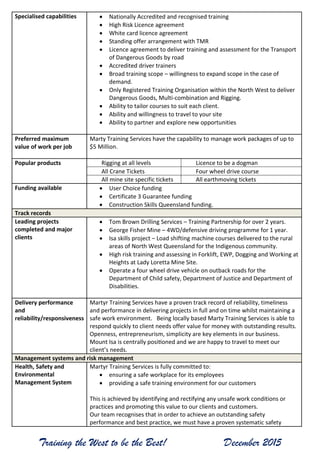 Training the West to be the Best! December 2015
Specialised capabilities  Nationally Accredited and recognised training
 High Risk Licence agreement
 White card licence agreement
 Standing offer arrangement with TMR
 Licence agreement to deliver training and assessment for the Transport
of Dangerous Goods by road
 Accredited driver trainers
 Broad training scope – willingness to expand scope in the case of
demand.
 Only Registered Training Organisation within the North West to deliver
Dangerous Goods, Multi-combination and Rigging.
 Ability to tailor courses to suit each client.
 Ability and willingness to travel to your site
 Ability to partner and explore new opportunities
Preferred maximum
value of work per job
Marty Training Services have the capability to manage work packages of up to
$5 Million.
Popular products Rigging at all levels Licence to be a dogman
All Crane Tickets Four wheel drive course
All mine site specific tickets All earthmoving tickets
Funding available  User Choice funding
 Certificate 3 Guarantee funding
 Construction Skills Queensland funding.
Track records
Leading projects
completed and major
clients
 Tom Brown Drilling Services – Training Partnership for over 2 years.
 George Fisher Mine – 4WD/defensive driving programme for 1 year.
 Isa skills project – Load shifting machine courses delivered to the rural
areas of North West Queensland for the Indigenous community.
 High risk training and assessing in Forklift, EWP, Dogging and Working at
Heights at Lady Loretta Mine Site.
 Operate a four wheel drive vehicle on outback roads for the
Department of Child safety, Department of Justice and Department of
Disabilities.
Delivery performance
and
reliability/responsiveness
Martyr Training Services have a proven track record of reliability, timeliness
and performance in delivering projects in full and on time whilst maintaining a
safe work environment. Being locally based Marty Training Services is able to
respond quickly to client needs offer value for money with outstanding results.
Openness, entrepreneurism, simplicity are key elements in our business.
Mount Isa is centrally positioned and we are happy to travel to meet our
client’s needs.
Management systems and risk management
Health, Safety and
Environmental
Management System
Martyr Training Services is fully committed to:
 ensuring a safe workplace for its employees
 providing a safe training environment for our customers
This is achieved by identifying and rectifying any unsafe work conditions or
practices and promoting this value to our clients and customers.
Our team recognises that in order to achieve an outstanding safety
performance and best practice, we must have a proven systematic safety
 