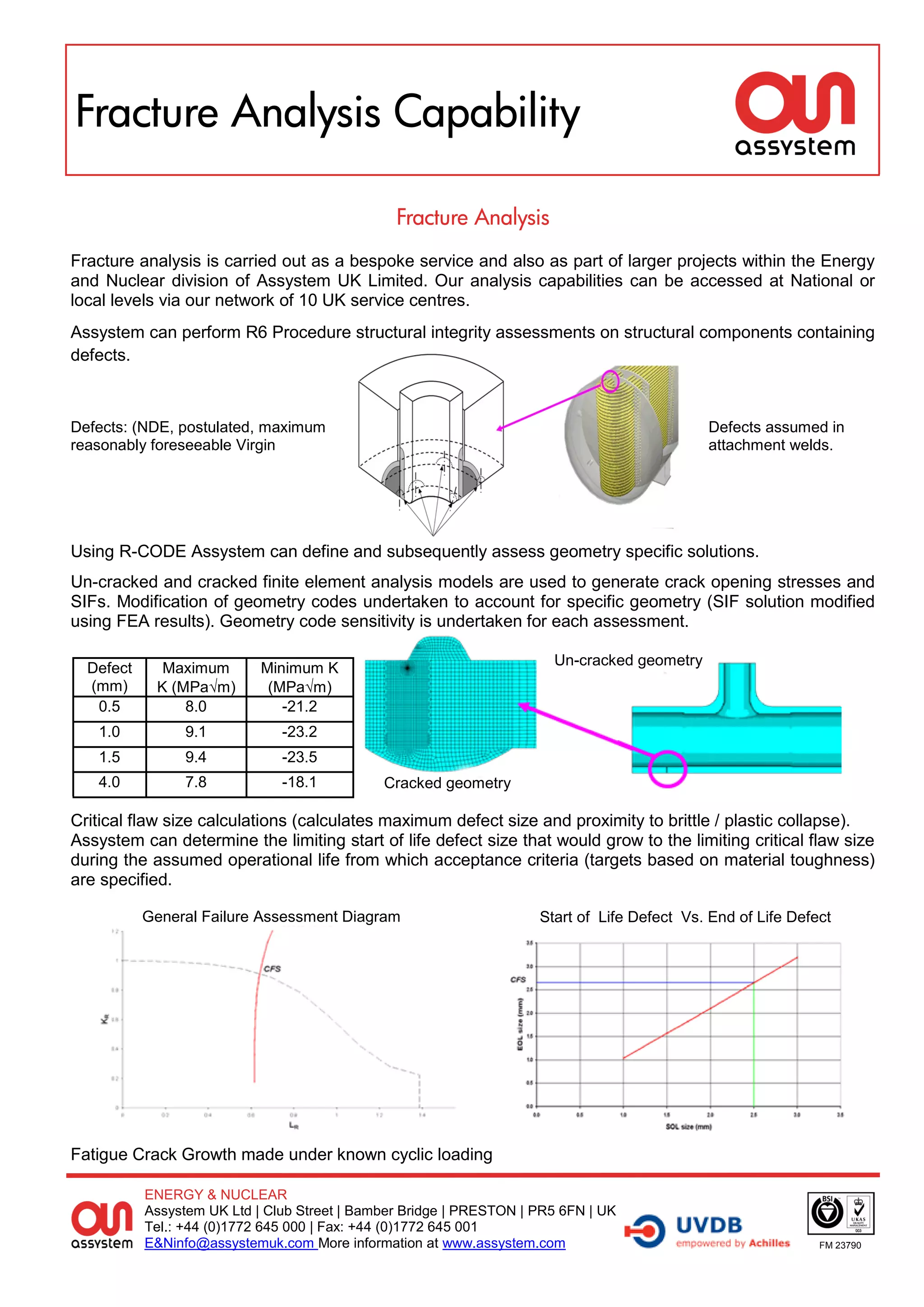 Fracture Analysis Capability

                                                Fracture Analysis
Fracture analysis is carried out as a bespoke service and also as part of larger projects within the Energy
and Nuclear division of Assystem UK Limited. Our analysis capabilities can be accessed at National or
local levels via our network of 10 UK service centres.
Assystem can perform R6 Procedure structural integrity assessments on structural components containing
defects.



Defects: (NDE, postulated, maximum                                                           Defects assumed in
reasonably foreseeable Virgin                                                                attachment welds.




Using R-CODE Assystem can define and subsequently assess geometry specific solutions.
Un-cracked and cracked finite element analysis models are used to generate crack opening stresses and
SIFs. Modification of geometry codes undertaken to account for specific geometry (SIF solution modified
using FEA results). Geometry code sensitivity is undertaken for each assessment.

                                                                       Un-cracked geometry
  Defect     Maximum        Minimum K
  (mm)      K (MPam)        (MPam)
   0.5          8.0            -21.2
   1.0           9.1           -23.2
   1.5           9.4           -23.5
   4.0           7.8           -18.1          Cracked geometry

Critical flaw size calculations (calculates maximum defect size and proximity to brittle / plastic collapse).
Assystem can determine the limiting start of life defect size that would grow to the limiting critical flaw size
during the assumed operational life from which acceptance criteria (targets based on material toughness)
are specified.

           General Failure Assessment Diagram                        Start of Life Defect Vs. End of Life Defect




Fatigue Crack Growth made under known cyclic loading

           ENERGY & NUCLEAR
           Assystem UK Ltd | Club Street | Bamber Bridge | PRESTON | PR5 6FN | UK
           Tel.: +44 (0)1772 645 000 | Fax: +44 (0)1772 645 001
           E&Ninfo@assystemuk.com More information at www.assystem.com                                        FM 23790
 