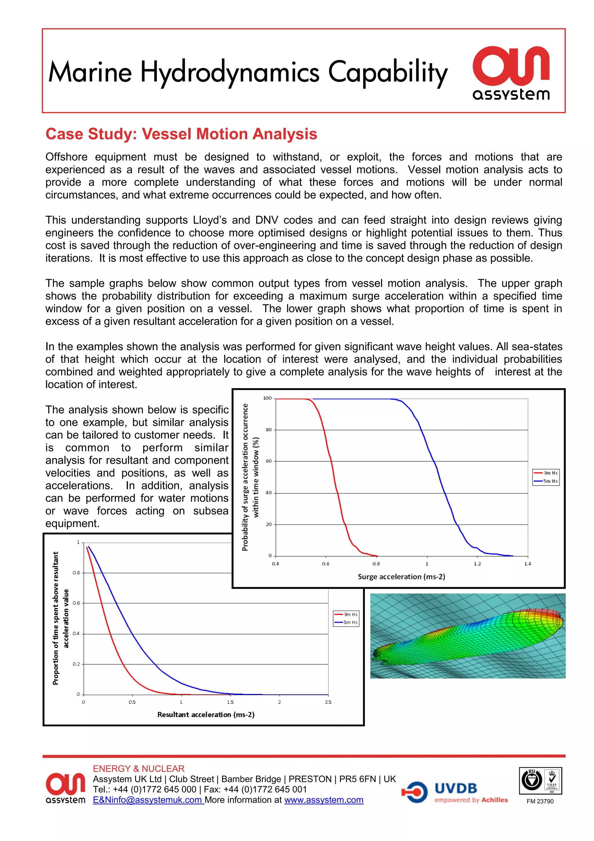 Marine Hydrodynamics Capability

Case Study: Vessel Motion Analysis
Offshore equipment must be designed to withstand, or exploit, the forces and motions that are
experienced as a result of the waves and associated vessel motions. Vessel motion analysis acts to
provide a more complete understanding of what these forces and motions will be under normal
circumstances, and what extreme occurrences could be expected, and how often.

This understanding supports Lloyd’s and DNV codes and can feed straight into design reviews giving
engineers the confidence to choose more optimised designs or highlight potential issues to them. Thus
cost is saved through the reduction of over-engineering and time is saved through the reduction of design
iterations. It is most effective to use this approach as close to the concept design phase as possible.

The sample graphs below show common output types from vessel motion analysis. The upper graph
shows the probability distribution for exceeding a maximum surge acceleration within a specified time
window for a given position on a vessel. The lower graph shows what proportion of time is spent in
excess of a given resultant acceleration for a given position on a vessel.

In the examples shown the analysis was performed for given significant wave height values. All sea-states
of that height which occur at the location of interest were analysed, and the individual probabilities
combined and weighted appropriately to give a complete analysis for the wave heights of interest at the
location of interest.

The analysis shown below is specific
to one example, but similar analysis
can be tailored to customer needs. It
is common to perform similar
analysis for resultant and component
velocities and positions, as well as
accelerations. In addition, analysis
can be performed for water motions
or wave forces acting on subsea
equipment.




         ENERGY & NUCLEAR
         Assystem UK Ltd | Club Street | Bamber Bridge | PRESTON | PR5 6FN | UK
         Tel.: +44 (0)1772 645 000 | Fax: +44 (0)1772 645 001
         E&Ninfo@assystemuk.com More information at www.assystem.com                             FM 23790
 