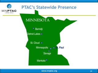 PTAC’s Statewide Presence
MINNESOTA
Bemidji
Detroit Lakes
St. Cloud

Minneapolis

St. Paul

Savage

Mankato

www.mnptac.org

25

 