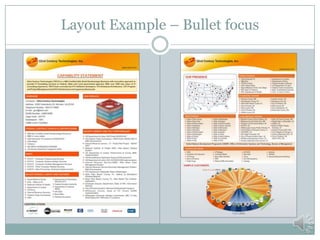 Final Tips
 Professional appearance
 Cover elements as briefly as possible
 Easy to read
 Use bullets/short sentences/tables
 Be careful with acronyms and industry jargon
 Use company logos and color – reinforce branding
 A searchable document that can be easily changed
and sent as a PDF file.
 Continuously update!
 