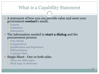 Other Statements of Capability
Capability
E-mails
Elevator
pitches
Brochures
Factsheets
Website
EDGE
Innovation
Network
Profile
 