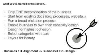 What you’ve learned in this section..
› Only ONE decomposition of the business
› Start from existing docs (org, processes, website..)
› Run a broad elicitation process
› Enable business to own their capability design
› Design for highest cohesion
› Select categories with care
› Layout for beauty
Business / IT Alignment -> BusinessIT Co-Design
 