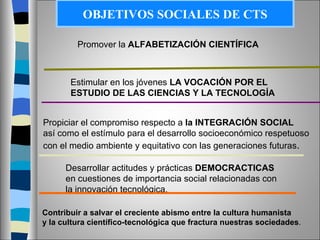 OBJETIVOS SOCIALES DE CTS Promover la  ALFABETIZACIÓN CIENTÍFICA Estimular en los jóvenes  LA VOCACIÓN POR EL  ESTUDIO DE LAS CIENCIAS Y LA TECNOLOGÍA Desarrollar actitudes y prácticas  DEMOCRACTICAS  en cuestiones de importancia social relacionadas con la innovación tecnológica. Propiciar el compromiso respecto a  la INTEGRACIÓN SOCIAL así como el estímulo para el desarrollo socioeconómico respetuoso con el medio ambiente y equitativo con las generaciones futuras . Contribuir a salvar el creciente abismo entre la cultura humanista  y la cultura científico-tecnológica que fractura nuestras sociedades . 