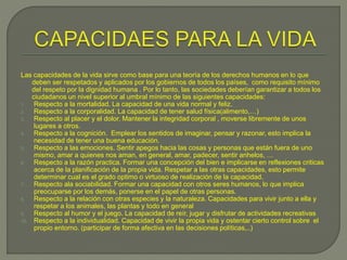 Las capacidades de la vida sirve como base para una teoría de los derechos humanos en lo que
deben ser respetados y aplicados por los gobiernos de todos los países, como requisito mínimo
del respeto por la dignidad humana . Por lo tanto, las sociedades deberían garantizar a todos los
ciudadanos un nivel superior al umbral mínimo de las siguientes capacidades:
1. Respecto a la mortalidad. La capacidad de una vida normal y feliz.
2. Respecto a la corporalidad. La capacidad de tener salud física(alimento,…)
3. Respecto al placer y el dolor. Mantener la integridad corporal , moverse libremente de unos
lugares a otros.
4. Respecto a la cognición. Emplear los sentidos de imaginar, pensar y razonar, esto implica la
necesidad de tener una buena educación.
5. Respecto a las emociones. Sentir apegos hacia las cosas y personas que están fuera de uno
mismo, amar a quienes nos aman, en general, amar, padecer, sentir anhelos, …
6. Respecto a la razón practica. Formar una concepción del bien e implicarse en reflexiones criticas
acerca de la planificación de la propia vida. Respetar a las otras capacidades, esto permite
determinar cual es el grado optimo o virtuoso de realización de la capacidad.
7. Respecto ala sociabilidad. Formar una capacidad con otros seres humanos, lo que implica
preocuparse por los demás, ponerse en el papel de otras personas.
8. Respecto a la relación con otras especies y la naturaleza. Capacidades para vivir junto a ella y
respetar a los animales, las plantas y todo en general
9. Respecto al humor y el juego. La capacidad de reír, jugar y disfrutar de actividades recreativas
10. Respecto a la individualidad. Capacidad de vivir la propia vida y ostentar cierto control sobre el
propio entorno. (participar de forma afectiva en las decisiones políticas,..)
 