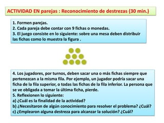 ACTIVIDAD EN parejas : Reconocimiento de destrezas (30 min.)
1. Formen parejas.
2. Cada pareja debe contar con 9 fichas o monedas.
3. El juego consiste en lo siguiente: sobre una mesa deben distribuir
las fichas como lo muestra la figura .
4. Los jugadores, por turnos, deben sacar una o más fichas siempre que
pertenezcan a la misma fila. Por ejemplo, un jugador podría sacar una
ficha de la fila superior, o todas las fichas de la fila inferior. La persona que
se ve obligada a tomar la última ficha, pierde.
5. Reflexionen lo siguiente:
a) ¿Cuál es la finalidad de la actividad?
b) ¿Necesitaron de algún conocimiento para resolver el problema? ¿Cuál?
c) ¿Emplearon alguna destreza para alcanzar la solución? ¿Cuál?
 