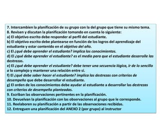 7. Intercambien la planificación de su grupo con la del grupo que tiene su mismo tema.
8. Revisen y discutan la planificación tomando en cuenta lo siguiente:
a) El objetivo escrito debe responder al perfil del estudiante.
b) El objetivo escrito debe plantearse en función de los logros del aprendizaje del
estudiante y estar contenido en el objetivo del año.
c) El ¿qué debe aprender el estudiante? implica los conocimientos.
d) El ¿qué debe aprender el estudiante? es el medio para que el estudiante desarrolle las
destrezas.
e) El ¿qué debe aprender el estudiante? debe tener una secuencia lógica, ir de lo sencillo
a lo complejo y mantener una relación entre sí.
f) El ¿qué debe saber hacer el estudiante? implica las destrezas con criterios de
desempeño que debe desarrollar el estudiante.
g) El orden de los conocimientos debe ayudar al estudiante a desarrollar las destrezas
con criterios de desempeño planteadas.
9. Escriban las observaciones pertinentes en la planificación.
10. Devuelvan la planificación con las observaciones al grupo que le corresponde.
11. Reelaboren su planificación a partir de las observaciones recibidas.
12. Entreguen una planificación del ANEXO 2 (por grupo) al instructor
 