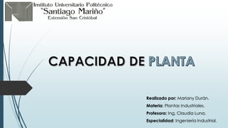 Realizado por: Mariany Durán.
Materia: Plantas Industriales.
Profesora: Ing. Claudia Luna.
Especialidad: Ingeniería Industrial.
 