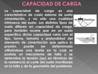 La capacidad de carga es una
característica de cada sistema de suelo
cimentación, y no sólo una cualidad
intrínseca del suelo. Los distintos tipos de
suelo difieren en capacidad de carga,
pero también ocurre que en un suelo
específico dicha capacidad varía con el
tipo, forma, tamaño y profundidad del
elemento de cimentación que aplica la
presión, puede ser determinado
utilizándose una teoría en la cual se
postula un mecanismo de falla y se
determina la tensión (qu) en términos de
la resistencia al corte del suelo movilizada
en la falla y de la geometría del problema.
 