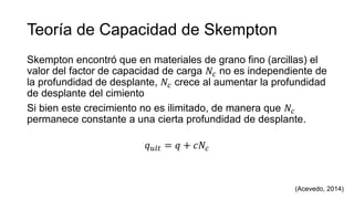 Teoría de Capacidad de Skempton
Skempton encontró que en materiales de grano fino (arcillas) el
valor del factor de capacidad de carga 𝑁𝑐 no es independiente de
la profundidad de desplante, 𝑁𝑐 crece al aumentar la profundidad
de desplante del cimiento
Si bien este crecimiento no es ilimitado, de manera que 𝑁𝑐
permanece constante a una cierta profundidad de desplante.
𝑞𝑢𝑙𝑡 = 𝑞 + 𝑐𝑁𝑐
(Acevedo, 2014)
 