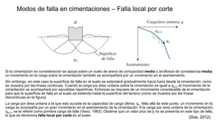 Modos de falla en cimentaciones – Falla local por corte
Si la cimentación en consideración se apoya sobre un suelo de arena de compacidad media o arcillosos de consistencia media,
un incremento en la carga sobre la cimentación también se acompañará por un incremento en el asentamiento.
Sin embargo, en este caso la superficie de falla en el suelo se extenderá gradualmente hacia fuera desde la cimentación, como
se muestra por las líneas continuas. Cuando la carga por área unitaria sobre la cimentación es igual a qu(1) el movimiento de la
cimentación se acompañará por sacudidas repentinas. Entonces se requiere de un movimiento considerable de la cimentación
para que la superficie de falla en el suelo se extienda hasta la superficie del terreno (como se muestra por las líneas
discontinuas en la figura).
La carga por área unitaria a la que esto sucede es la capacidad de carga última, qu. Más allá de este punto, un incremento en la
carga se acompaña por un gran incremento en el asentamiento de la cimentación. A la carga por área unitaria de la cimentación,
qu(1), se le refiere como primera carga de falla (Vesic, 1963). Observe que un valor pico de q no se presenta en este tipo de falla,
lo que se denomina falla local por corte en el suelo.
(Das, 2012)
 